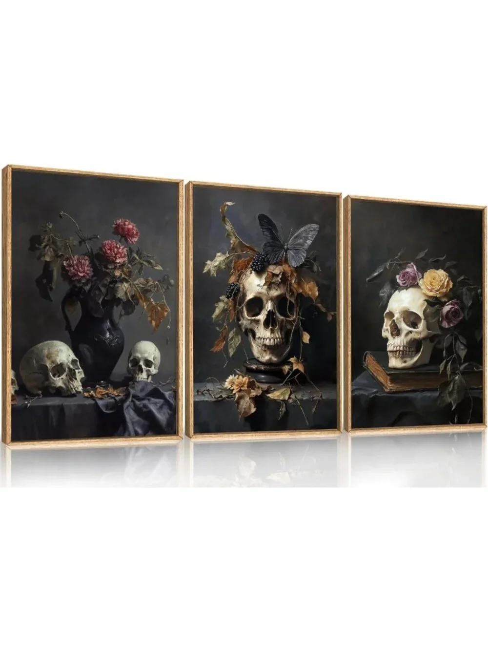 Large Vintage Skull Floral Canvas Wall Art Set - Abstract Skeleton Decor for